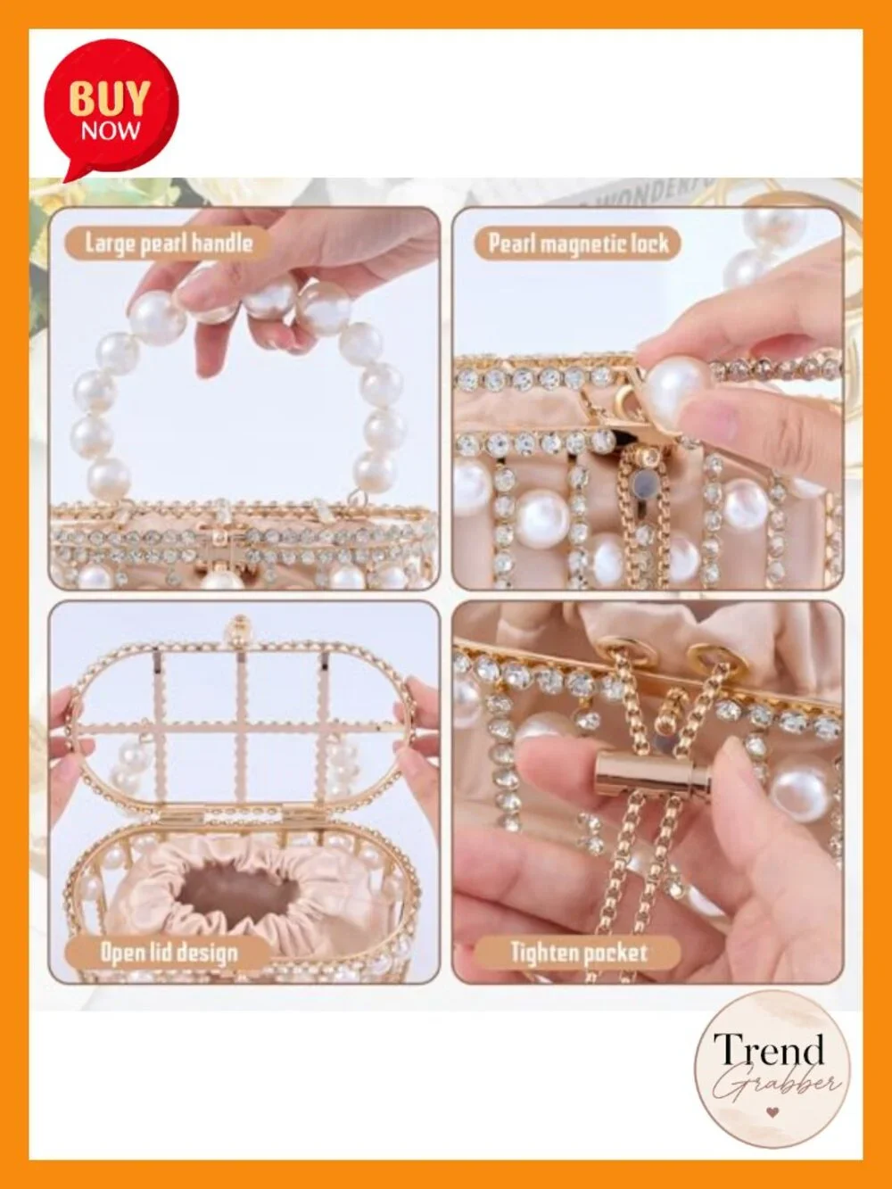 Pearl Clutch Rhinestone Cage Bag Evening Bag with Pearl Handle